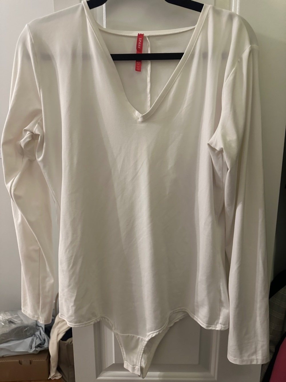 SPANX White V-Neck Long Sleeve Bodysuit Top